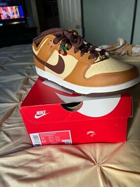 Nike Dunk Low SE Brown and Cream with Cherry Lace Charms
